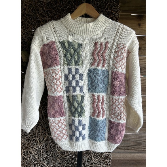 Huntington Ridge Sweaters - Huntington Ridge Womens Sweater Small White Colorful Patchwork Knitted By Hand